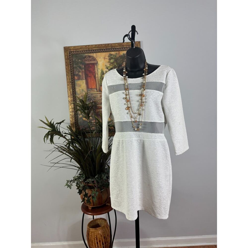 Arden B. Sheath Dress Womens White Crinkle Sheer Mesh Panel Evening Back Zip